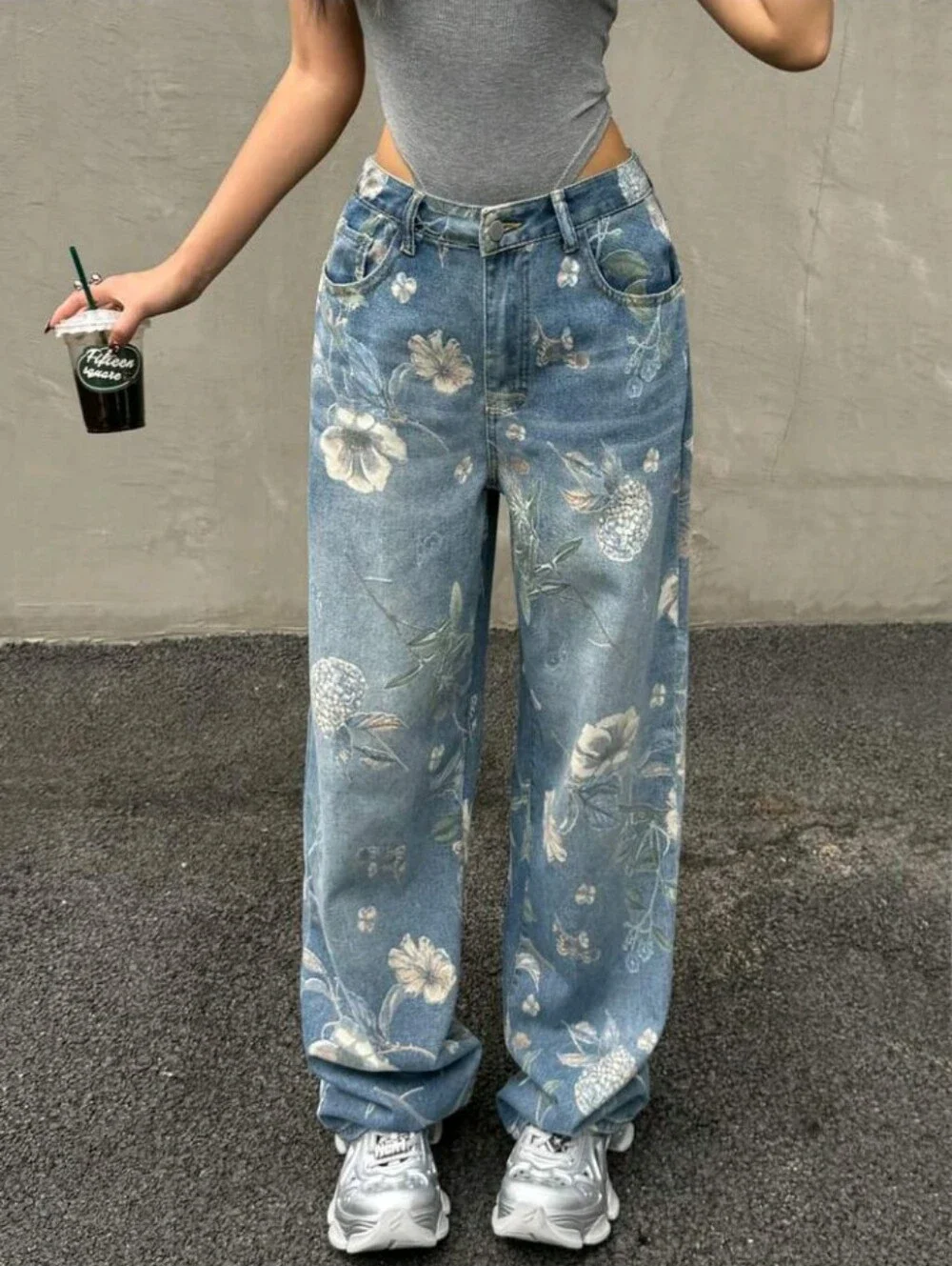 90s Retro Print High Waist Side Pocket Wide Leg Jeans, Casual Street Style